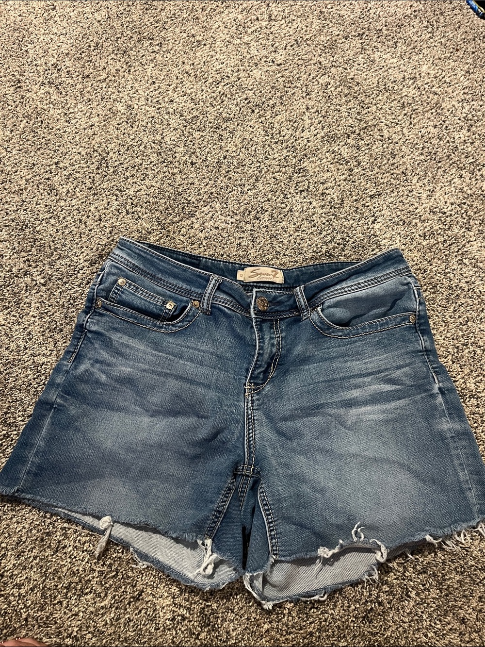 Seven7 Women's Distressed Denim Cutoff Shorts in Medium Blue